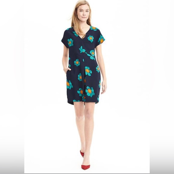 Banana Republic Sz 10 Navy Blue turquoise Floral dress A line short sleeve - Picture 1 of 11